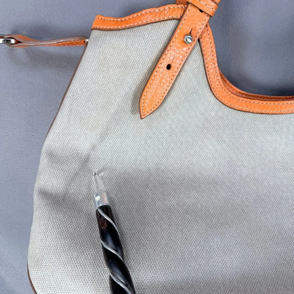 Cole Haan Genevieve Hobo Bag Canvas‎ Leather Orange Tan Large Braided Silver HW